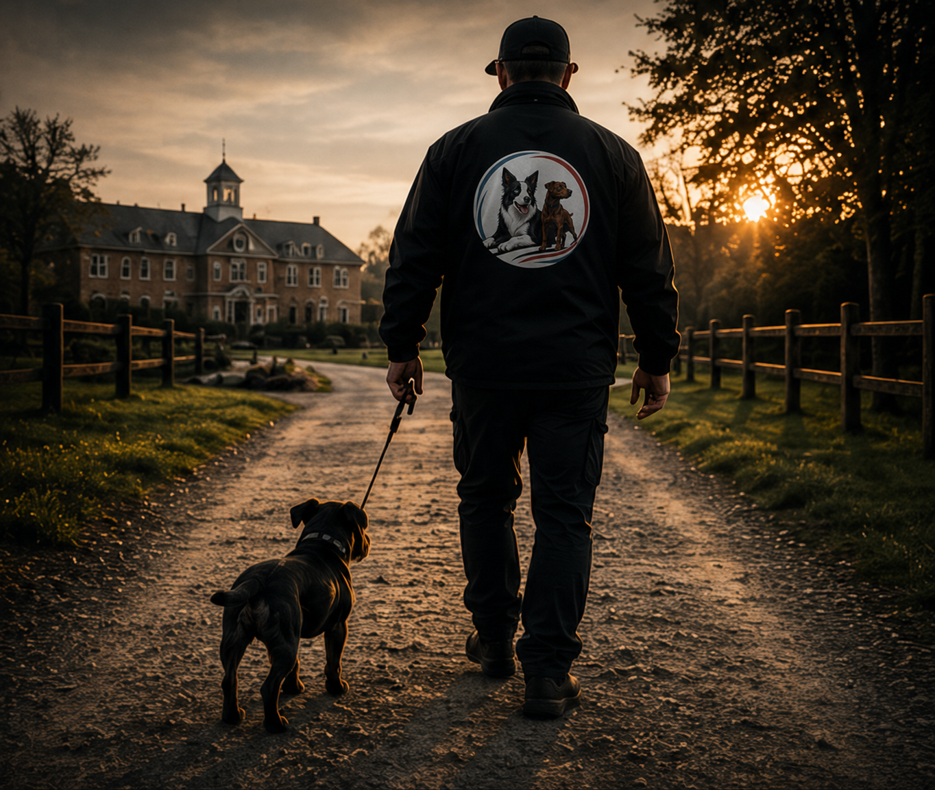 Nutmeg K9 handler and working dog approaching a property