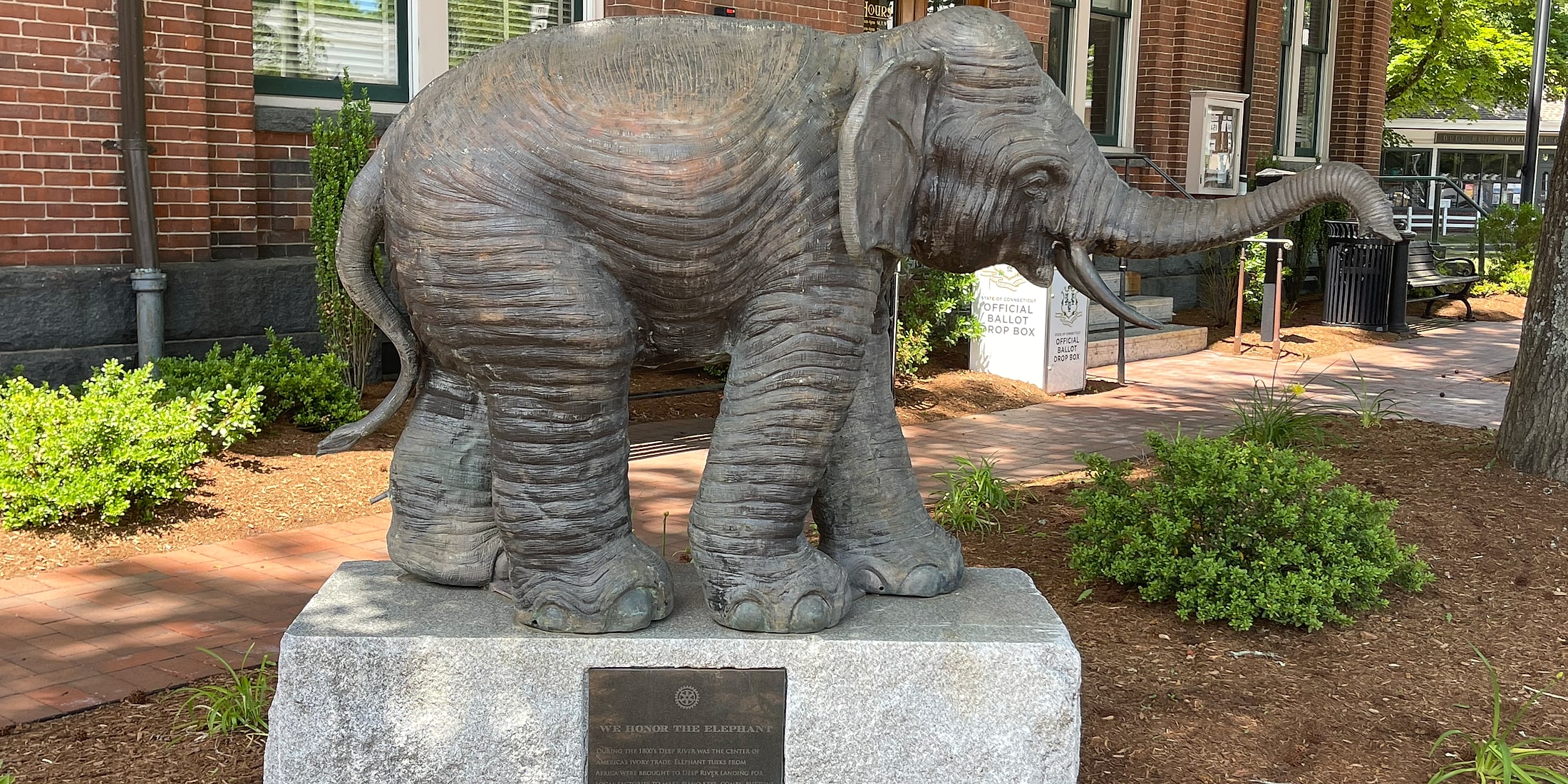 Elephant statue outside the historic town hall in Deep River, Connecticut